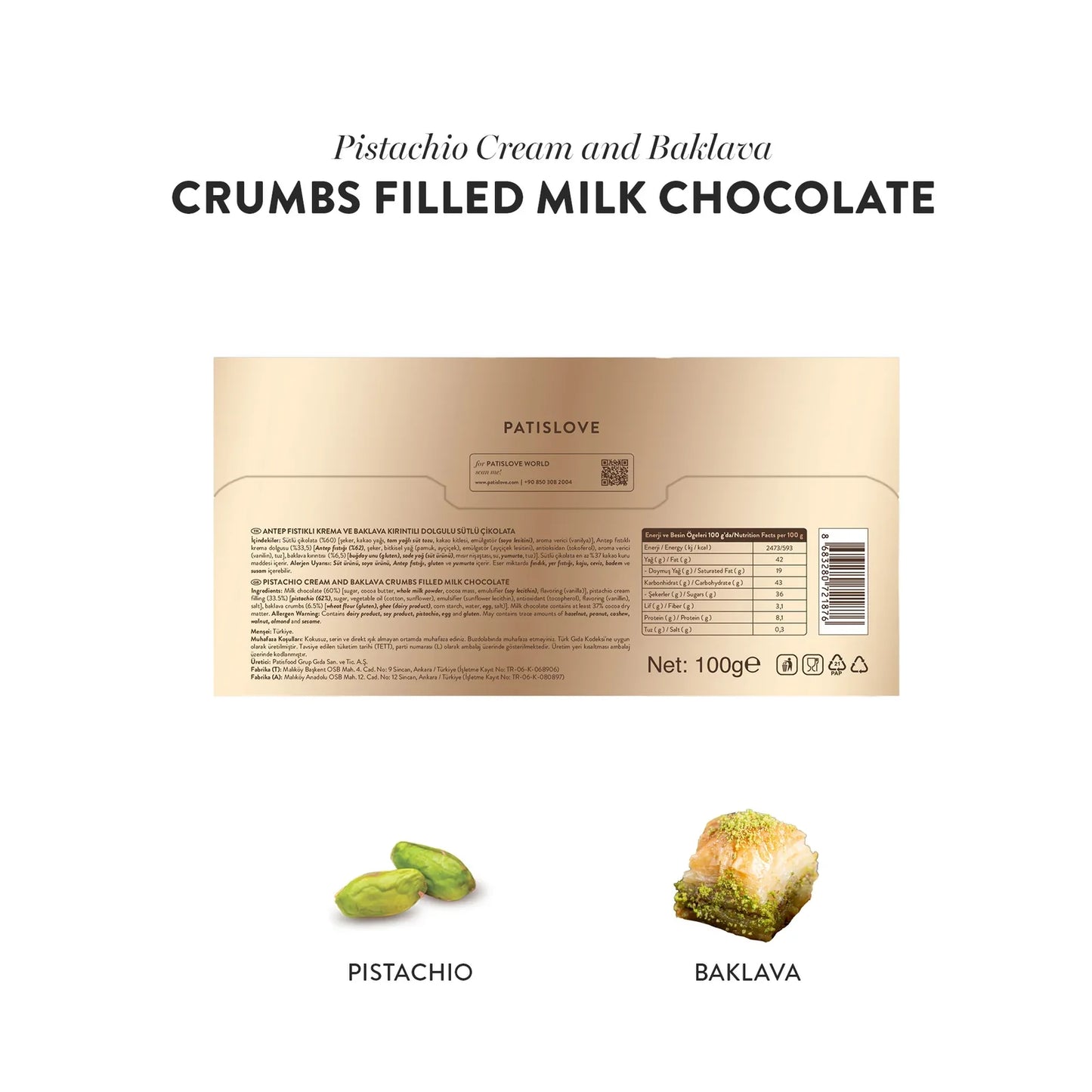 Pistachio Cream and Baklava Crumbs Filled Milk Chocolate, 100G