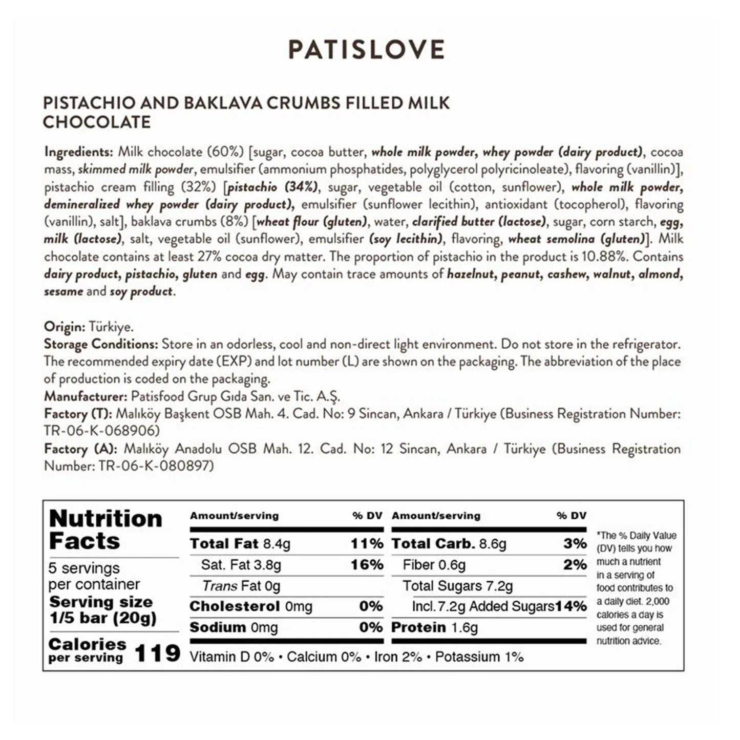 Pistachio Cream and Baklava Crumbs Filled Milk Chocolate, 100G